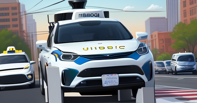 卡通風格：Uber 應用程式顯示 Waymo 無人駕駛汽車，背景為亞特蘭大天際線