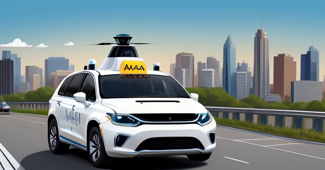 奇特的插圖：機器人司機和快樂的乘客在無人駕駛計程車中