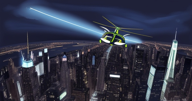 電動空中計程車飛越紐約摩天大樓的插圖