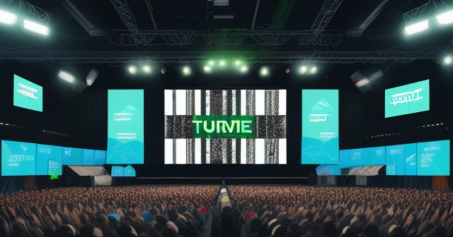 TechCrunch Disrupt 2025 講者舞台，插畫風格