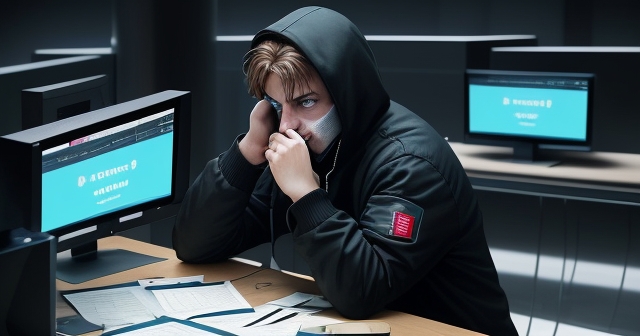 一位駭客在黑暗房間工作,周圍圍繞著螢幕