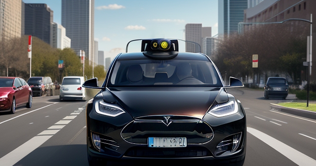 一輛特斯拉自動駕駛車在城市街道上行駛
