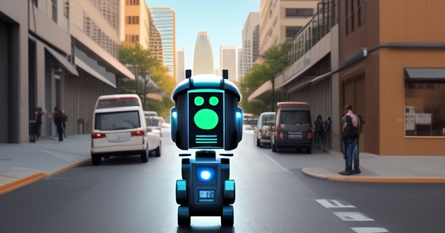 一輛 Veho 配送車停放在未來科技自動化技術的環境中