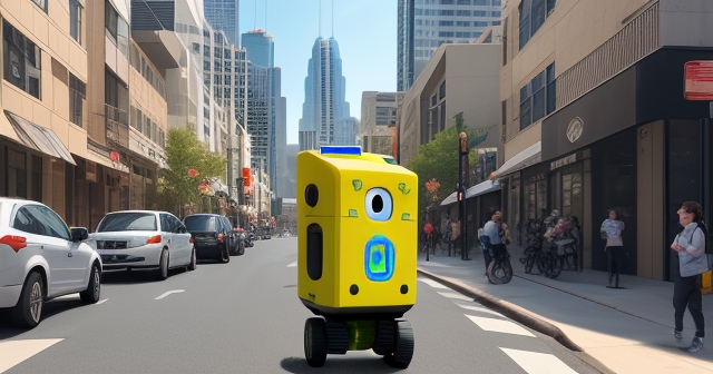 一個可愛的狗狗樣式配送機器人在奧斯汀街道上