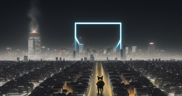 一隻迷惘的柴犬在霧霾中的城市裡