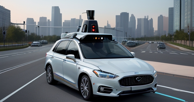 一輛現代城市中的 Uber 自動駕駛車