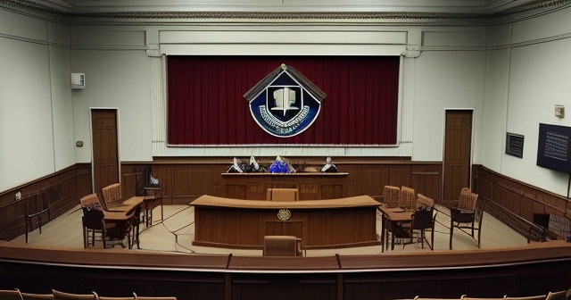 法庭內景，一位法官坐在桌後