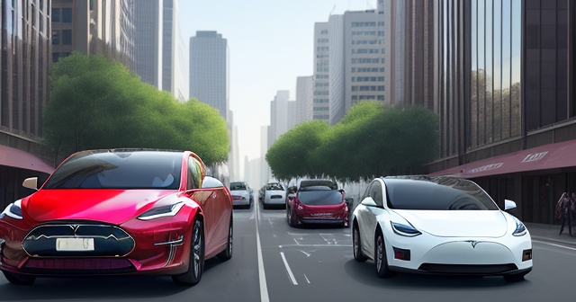 充滿活力的城市中停著特斯拉汽車