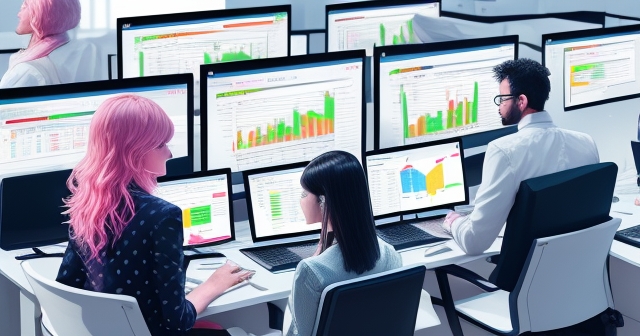 未來主義的保險辦公室充滿先進技術與數據分析