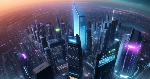 繁華城市天際線與數據流的概念圖