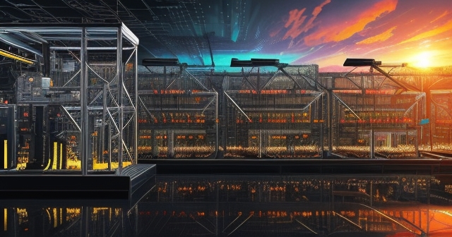 一個大型比特幣挖礦作業在日落時分的景象