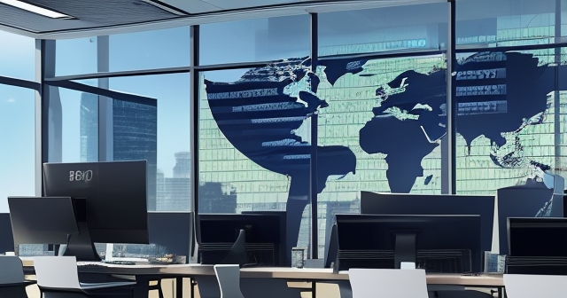 一個以比特幣為主題的企業辦公室，展示了現代辦公環境和加密貨幣的融合。