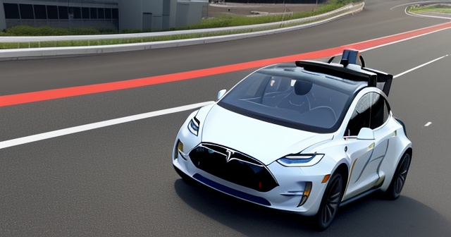 特斯拉無人駕駛汽車的近距離特寫圖像，無駕駛員在車內。