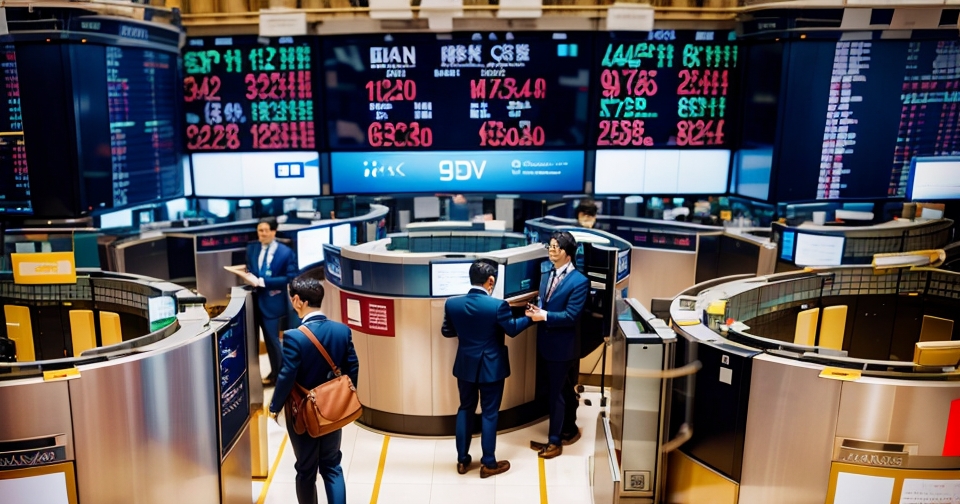 交易員在繁忙的交易大廳中操作電腦