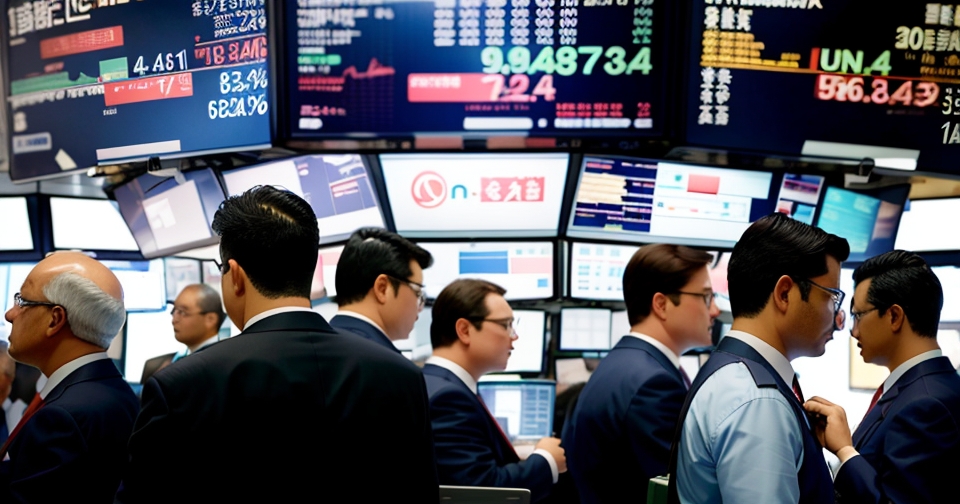 交易大廳中忙碌的交易員與螢幕顯示