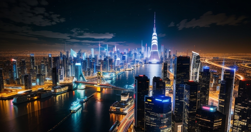 未來主義城市天際線的夜景