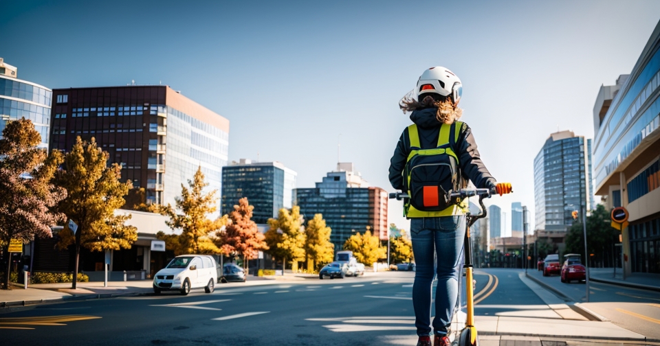 都市景觀中停放著電動滑板車