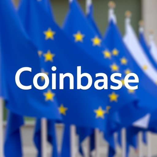 Coinbase 標誌在歐盟旗幟前
