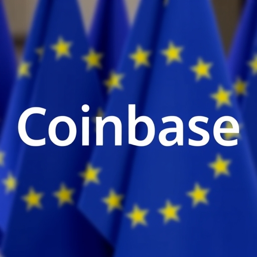 Coinbase 標誌在歐盟旗幟前