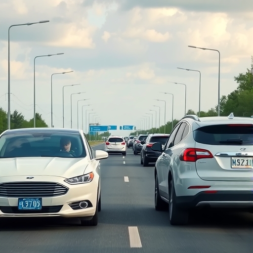幾輛福特和特斯拉汽車在繁忙的高速公路上
