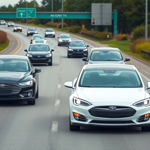 幾輛福特和特斯拉汽車在繁忙的高速公路上