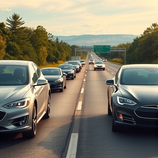 幾輛福特和特斯拉汽車在繁忙的高速公路上