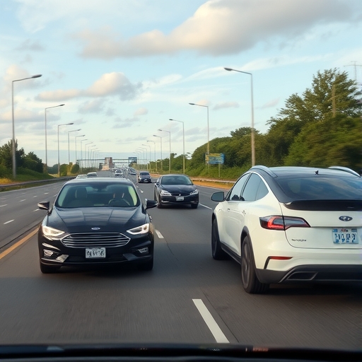 幾輛福特和特斯拉汽車在繁忙的高速公路上