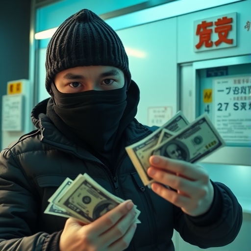 一位男子正在銀行貸金庫前存取現金