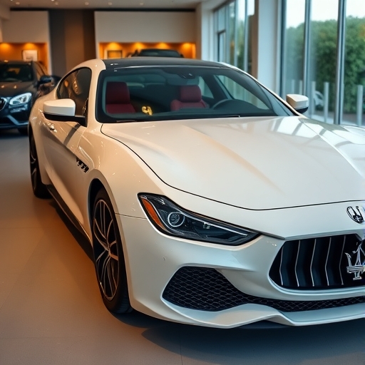 一輛瑪莎拉蒂豪華車停放在展廳內