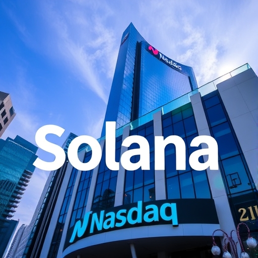Solana 標誌與納斯達克大樓