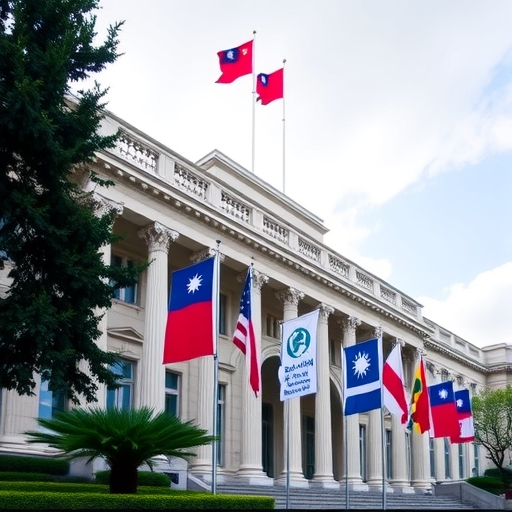 一座台灣政府大樓懸掛著旗幟