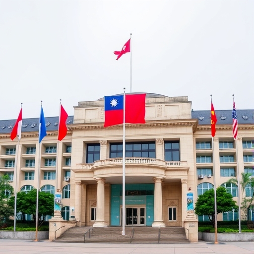 一座台灣政府大樓懸掛著旗幟