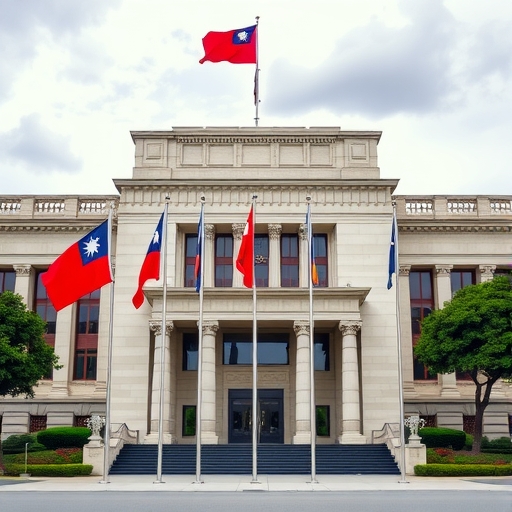 一座台灣政府大樓懸掛著旗幟