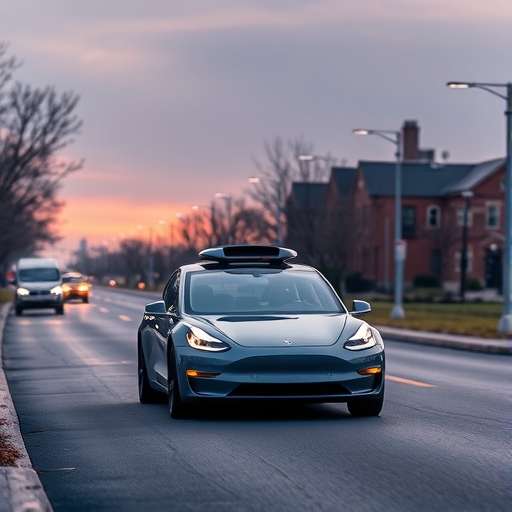 一輛特斯拉自動駕駛汽車在道路上行駛