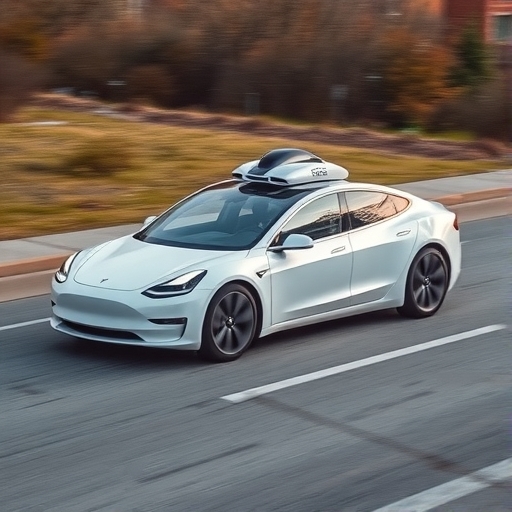 特斯拉自動駕駛汽車在道路上行駛