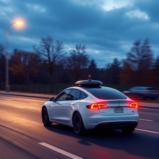 特斯拉自動駕駛汽車在道路上行駛