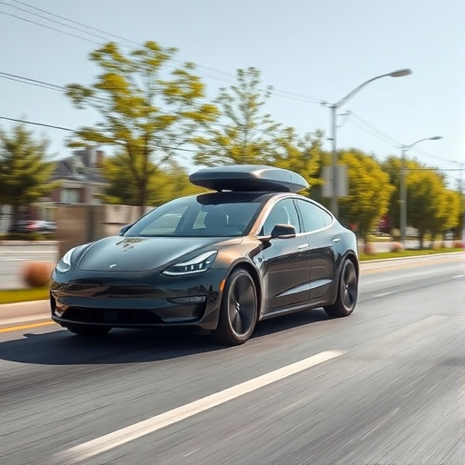 特斯拉自動駕駛汽車在道路上行駛