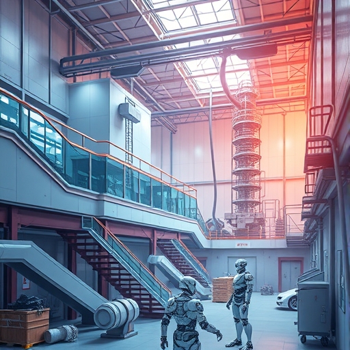一個未來感的工廠內部，有多個機器人在運作