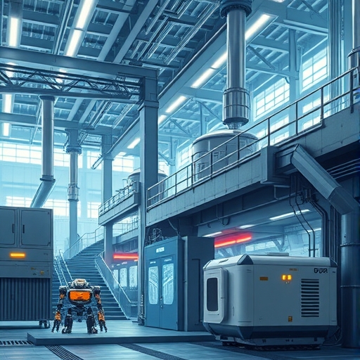 未來感工廠內，多個機器人協同工作