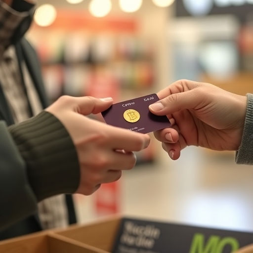 一位男子正在街頭使用加密卡進行購物