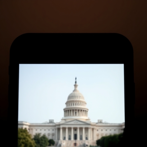 一部智慧型手機的輪廓，背景是政府建築