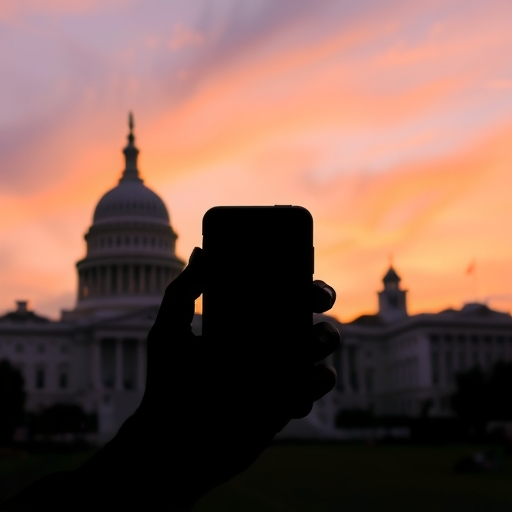 一部智慧型手機的輪廓，背景是政府建築