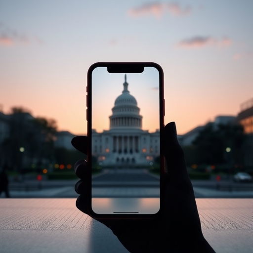 一部智慧型手機的輪廓，背景是政府建築