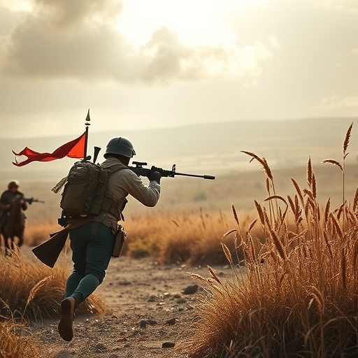 一名士兵正在戰場上衝鋒