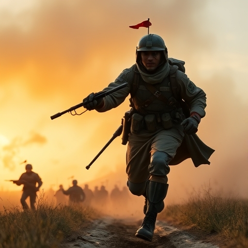 一位士兵正在戰場上衝鋒