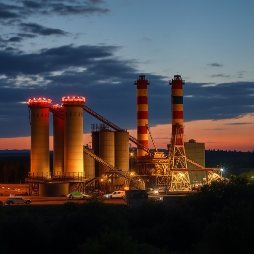 傍晚時分的水泥工廠煙囪排放