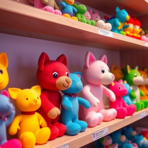 多彩的玩具整齊地擺放在貨架上