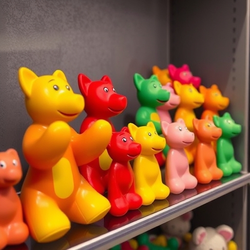五顏六色的玩具整齊排列在展示架上