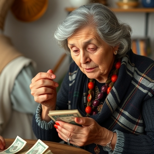 一位老太太正在仔細計算她的錢
