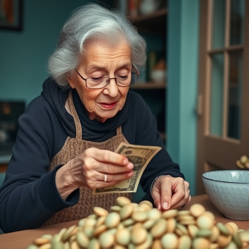 一位老母親正在盤算著錢財